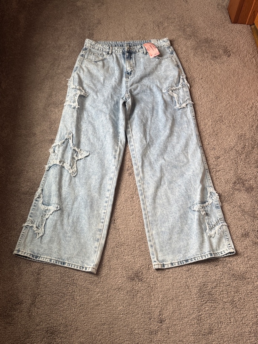 Shein NWT Wide Leg Star Patch Cargo Jeans SIZE 30 Light Wash Y2K Baggy Denim